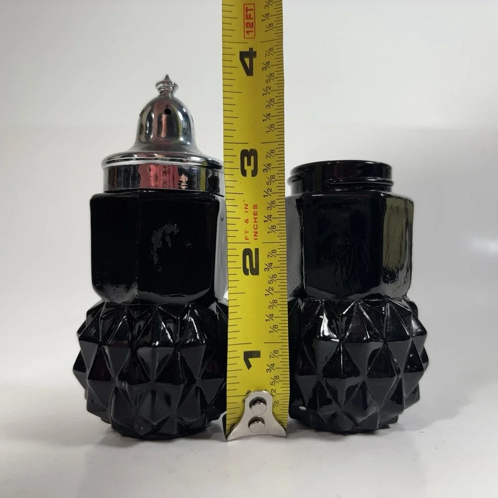 Set of Tiara Black Pressed Glass Salt N Pepper Shakers with Only One Chrome Lid